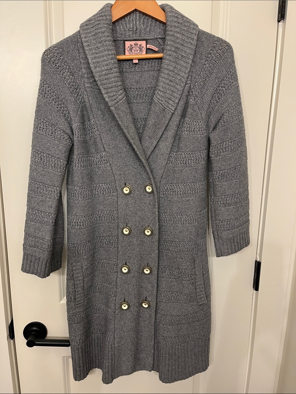 Juicy Couture Gray Long Shawl Collar Cardigan with Gold Buttons
